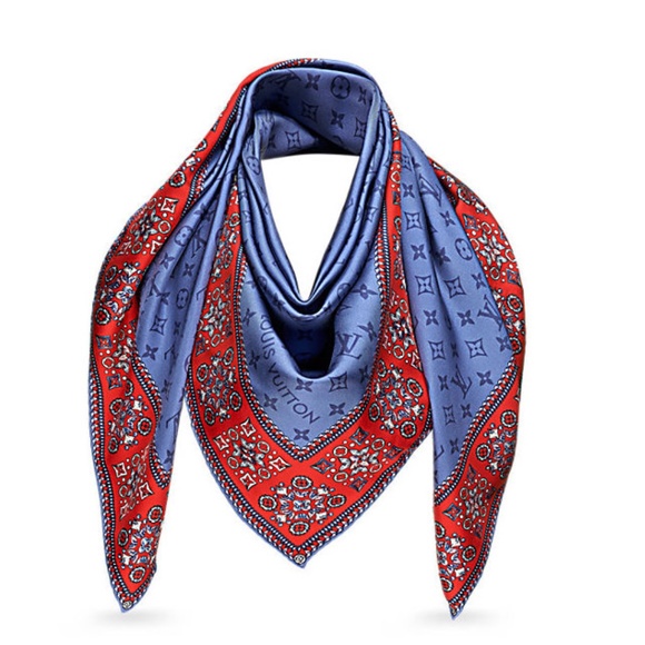 New Louis Vuitton Oversize Scarf Monogram Giant Blue Red Silk Wrap - Picture 6 of 16
